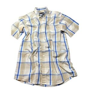 Hathaway buttoned up short sleeve mens shirts ice blue plaid Med summer preppy